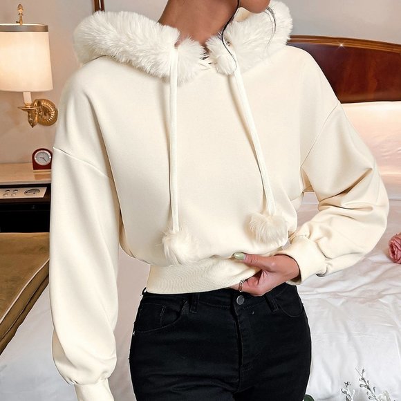 White Casual Womens Fuzzy Trim Drop Shoulder Drawstring Thermal Lined Hoodie - Picture 2 of 5